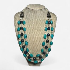 Turquoise, Pearl and Lapis Three Strand Beaded Necklace w/ Bali Style Accents